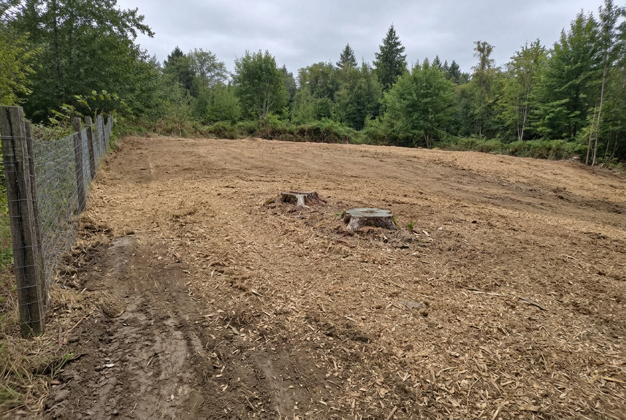 Sample photo: the same lot cleared and graded, covered with wood chips, with two stumps ground low.